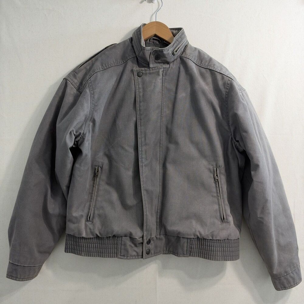 Vintage Chess King Jacket Mens Large Gray Bomber Hidden Hood Zip Front Lined